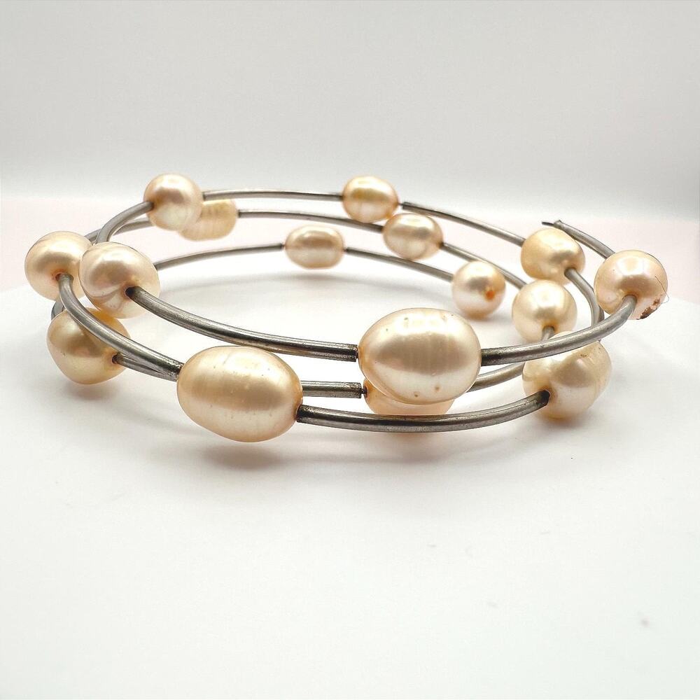Vintage 90s Multi Strand Pearl Coil Wrap Bracelet Silver Tone Women's Jewelry